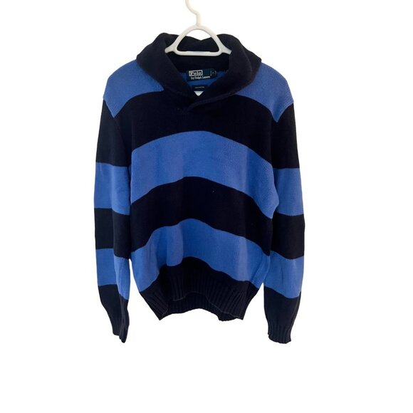 Vintage Polo By Ralph Lauren Striped Cotton Sweater Blue Black High Collar V Nec - Picture 1 of 7